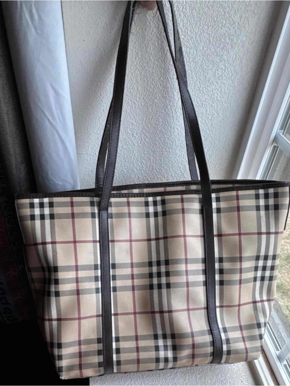 Classic Beige Plaid Tote Bag with Dark Brown Straps